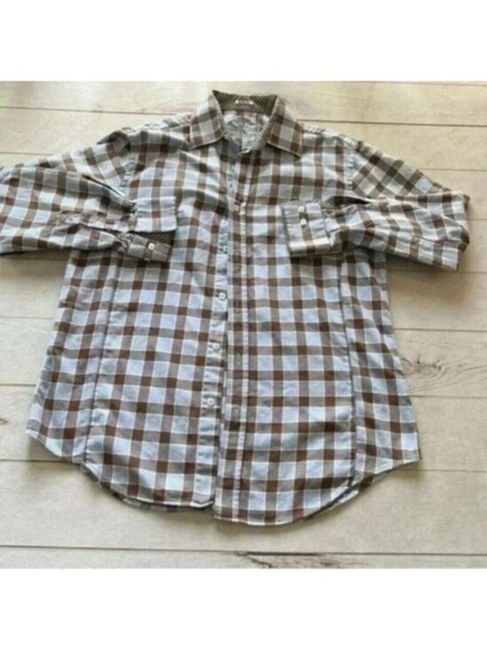 Bugatchi Mens Large Long Sleeve Shaped Fit Embroidered Logo Brown Plaid …